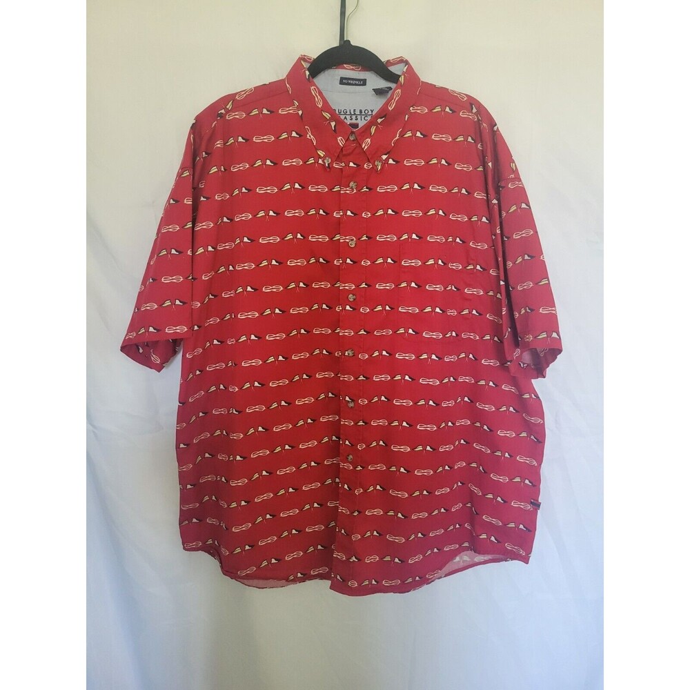 Vintage Bugle Boy Button Down Mens XXL Red W/Flag Short Sleeve Casual No Wrinkle